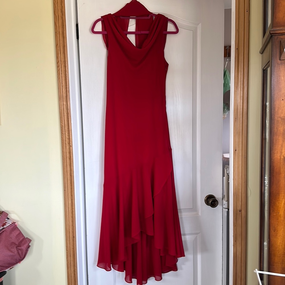 Red dress, formal, with neck scarf (not attached) size medium, worn 2 x by me